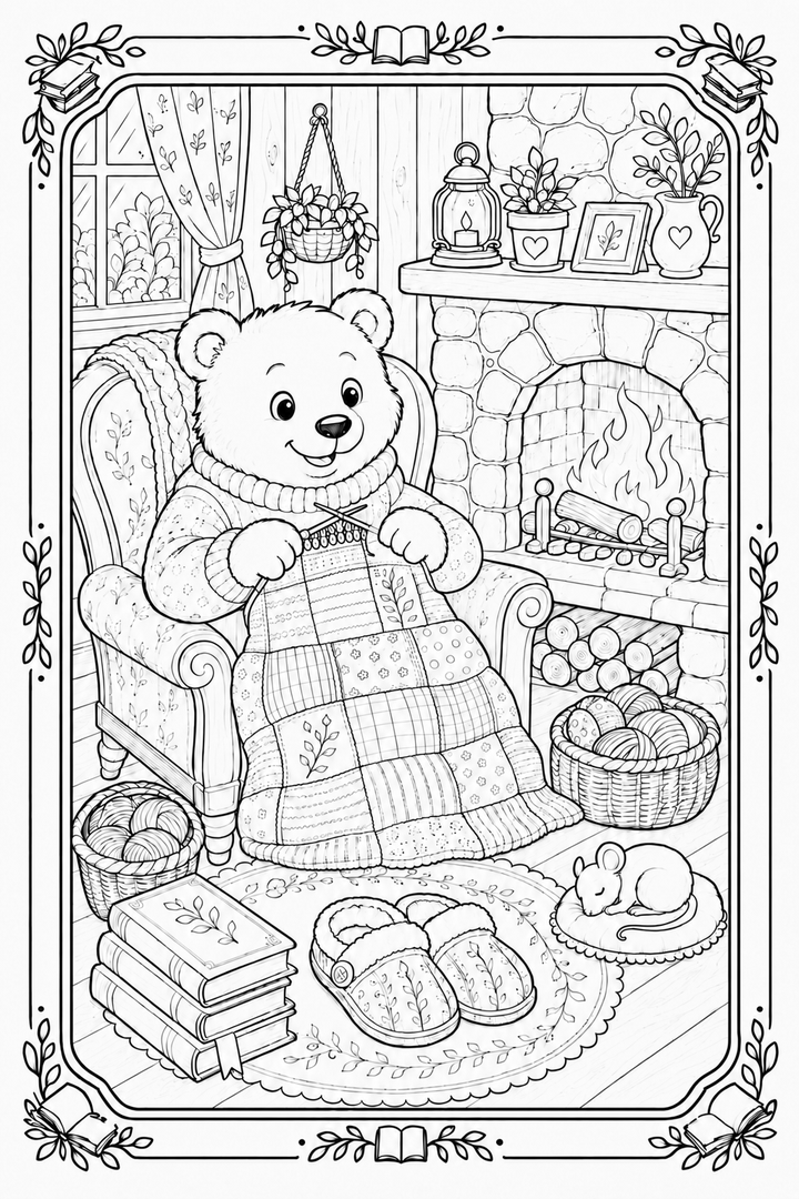 Bear’s Fireside Knitting Night coloring page with a bear knitting beside a warm hearth.