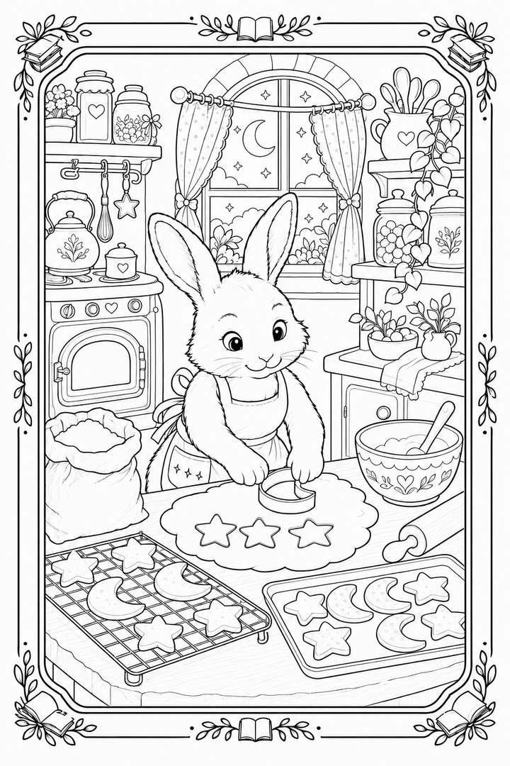Bunny’s Midnight Bakery coloring page with a rabbit baking in a cozy nighttime kitchen.