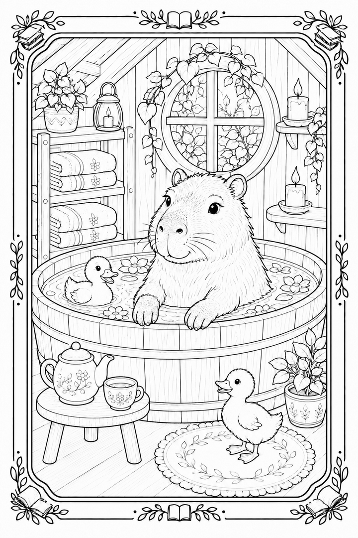 Capybara’s Peaceful Bathhouse coloring page with a capybara relaxing in a quiet bathhouse.