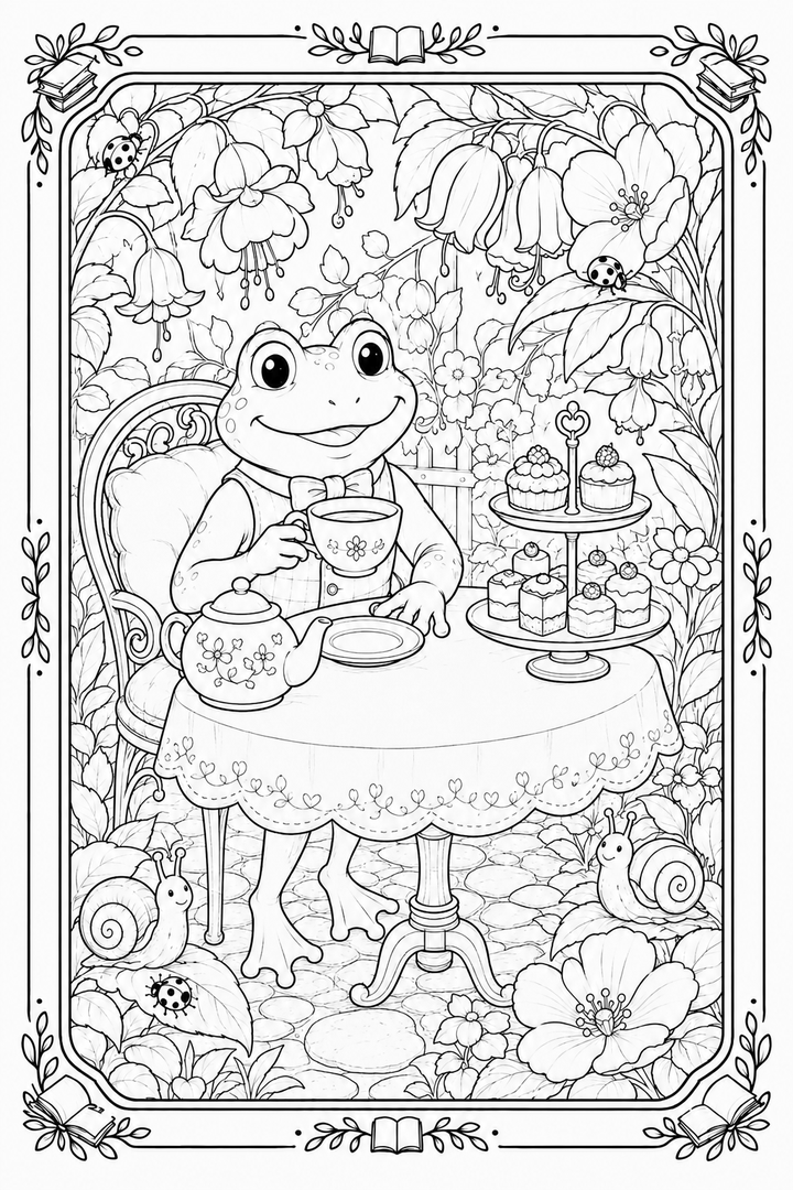 Frog’s Teacup Garden coloring page with a frog tending plants around a teacup.