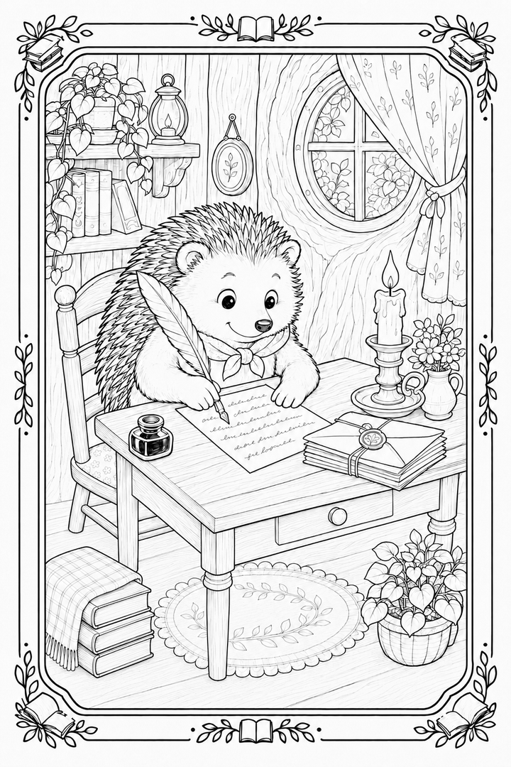 Hedgehog’s Tiny Writing Desk coloring page with a hedgehog writing at a miniature desk.