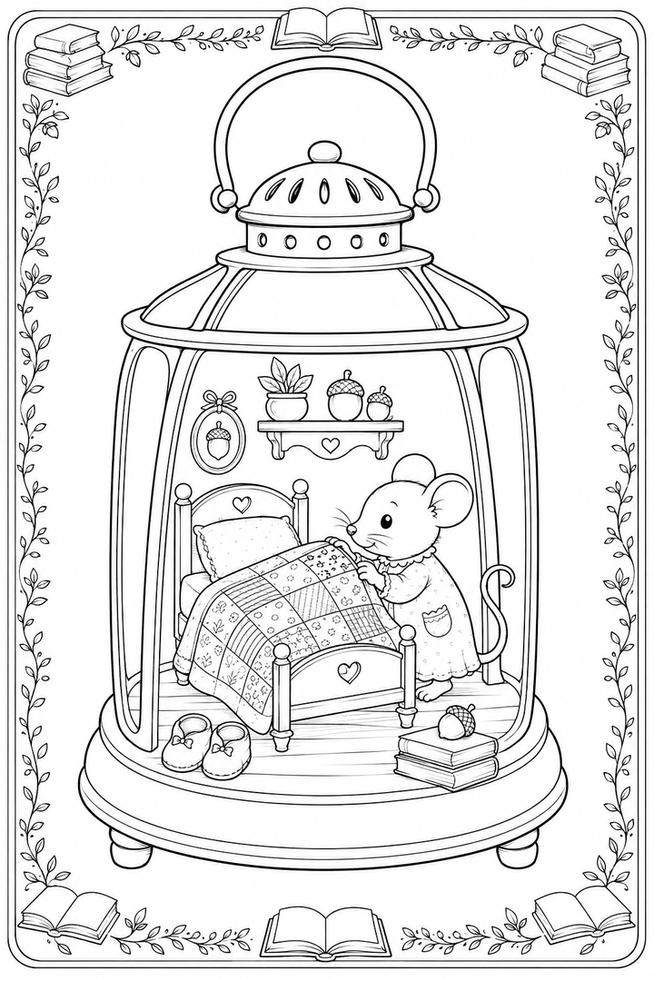Mouse’s Little Lantern Cottage coloring page with a mouse in a tiny lantern-lit home.