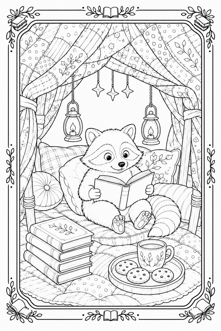 Raccoon’s Blanket-Fort Hideaway coloring page with a raccoon tucked inside a cozy fort.