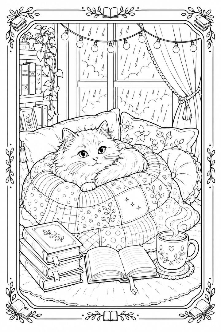 A cozy cat reading beside a rain-streaked window.