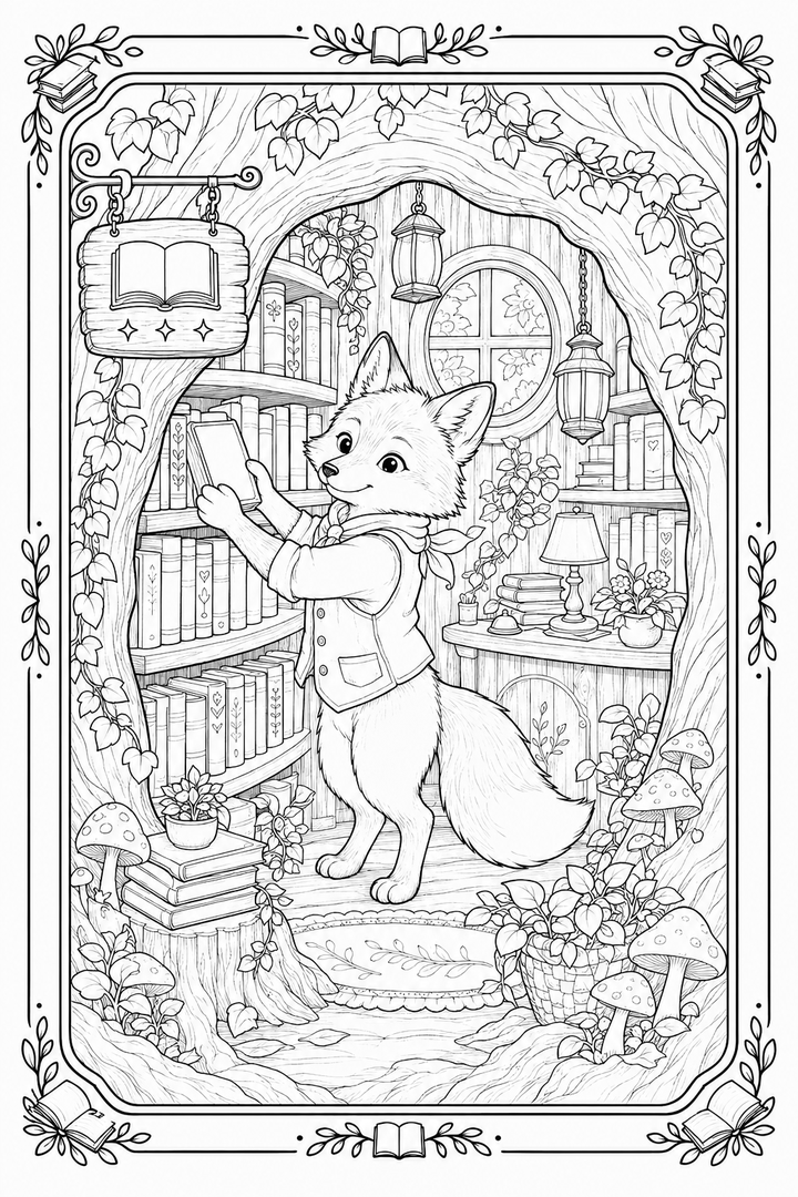 The Fox’s Woodland Bookshop coloring page with a fox browsing a tiny forest shop.