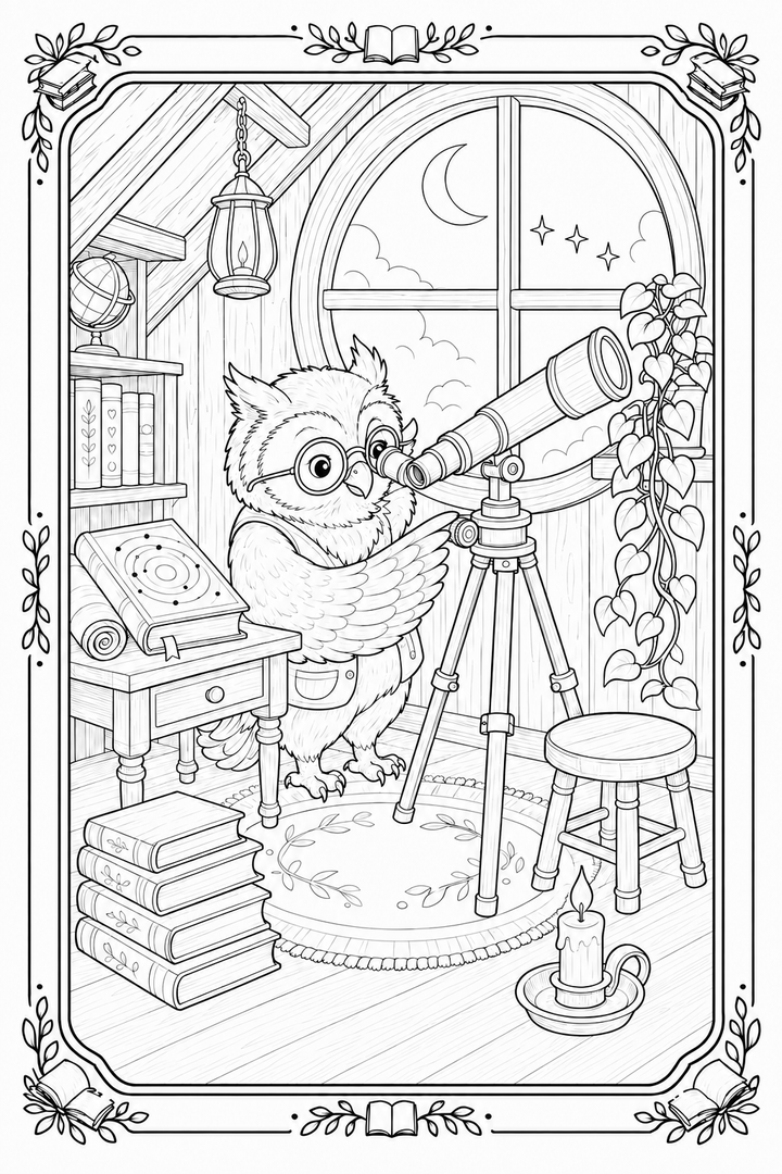 The Owl’s Attic Observatory coloring page with an owl studying the night sky through a telescope.