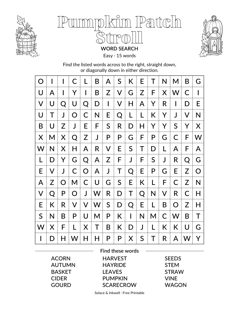Printable Pumpkin Patch Stroll word search puzzle - easy difficulty