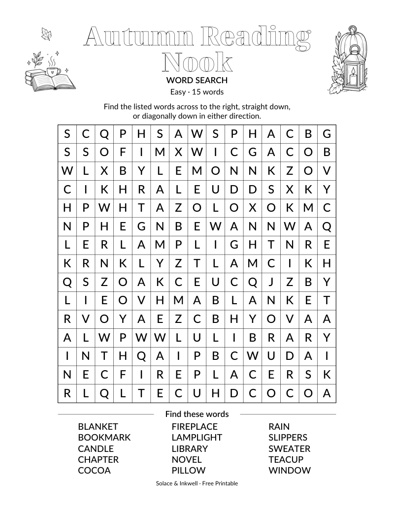 Printable Autumn Reading Nook word search puzzle - easy difficulty