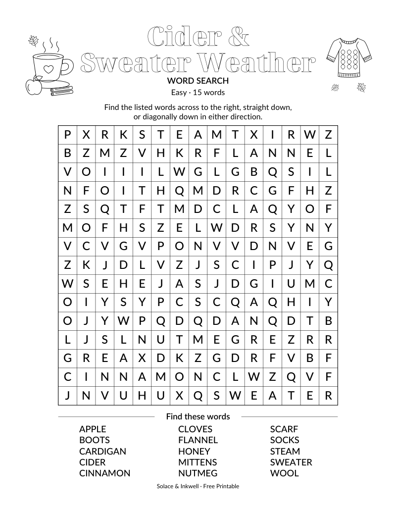 Printable Cider & Sweater Weather word search puzzle - easy difficulty