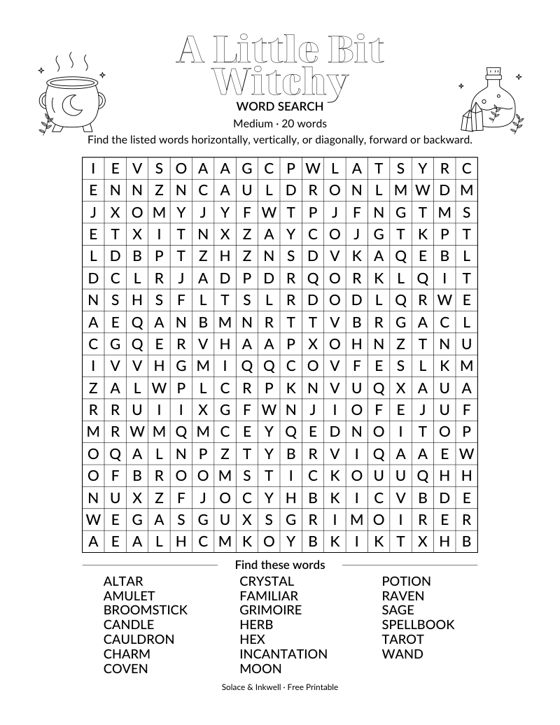 Printable A Little Bit Witchy word search puzzle - medium difficulty