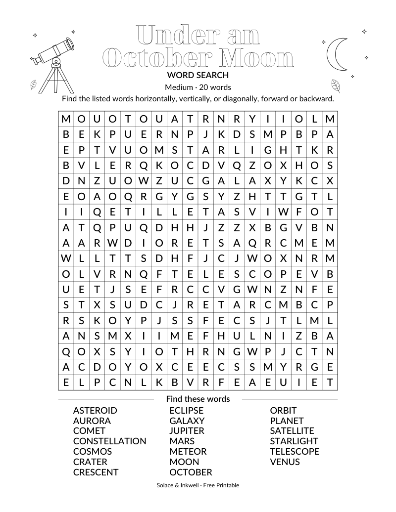 Printable Under an October Moon word search puzzle - medium difficulty