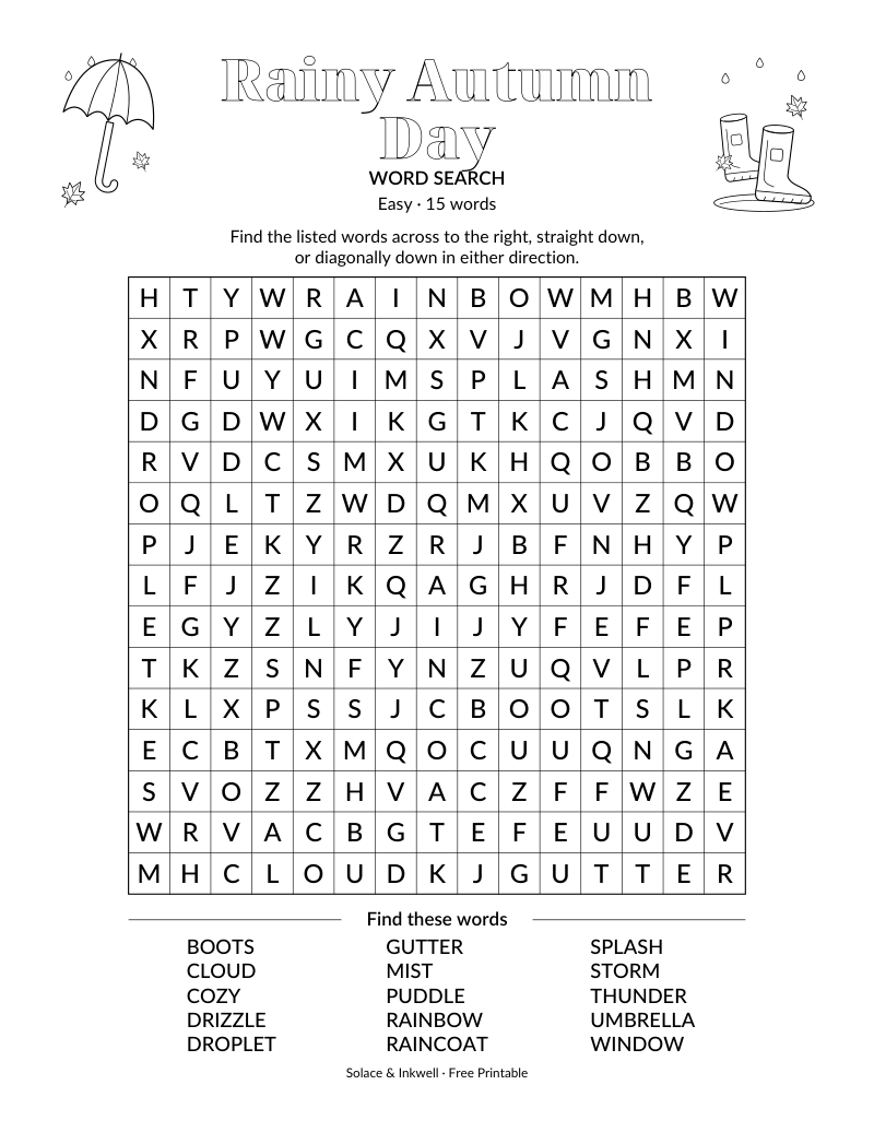 Printable Rainy Autumn Day word search puzzle - easy difficulty