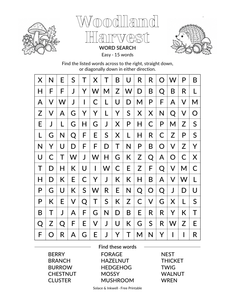 Printable Woodland Harvest word search puzzle - easy difficulty