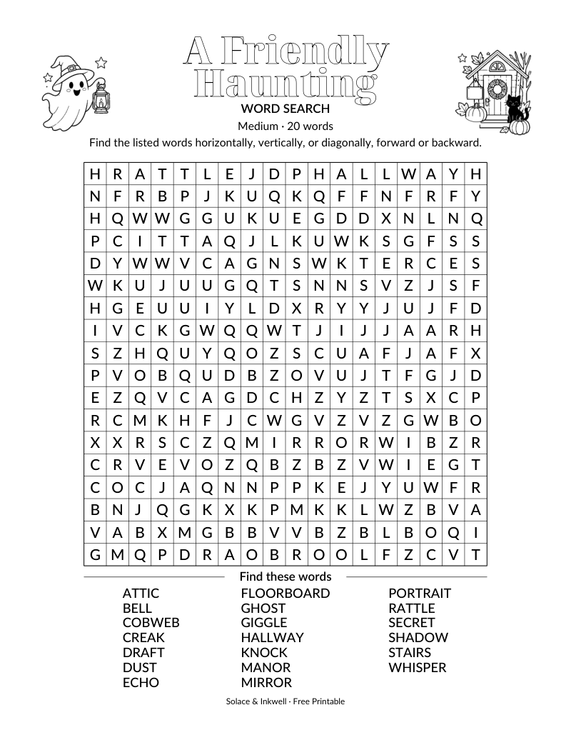 Printable A Friendly Haunting word search puzzle - medium difficulty