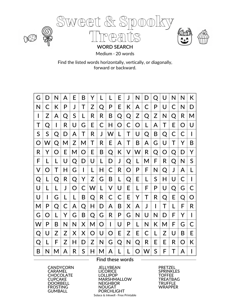 Printable Sweet & Spooky Treats word search puzzle - medium difficulty