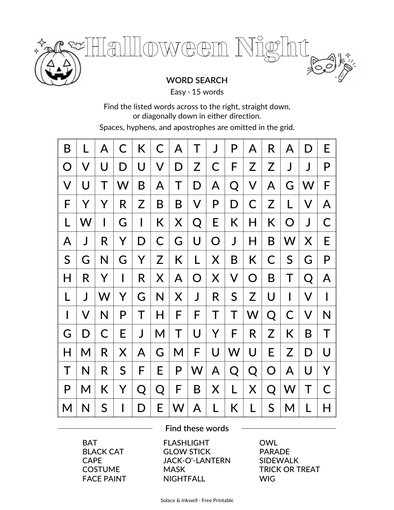 Printable Halloween Night word search puzzle - easy difficulty