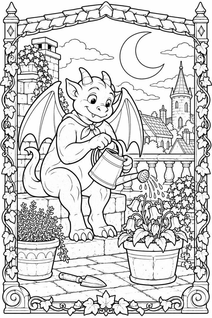 Gargoyle's Rooftop Garden coloring page with a gentle gargoyle tending plants above the city.