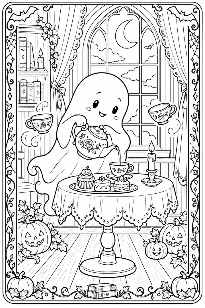Friendly ghosts sharing tea at a moonlit Halloween table.