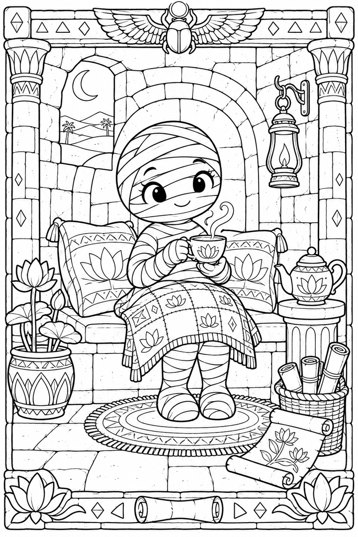 Mummy's Cozy Crypt coloring page with a friendly mummy relaxing in a snug decorated room.