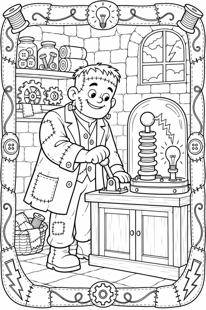 Patchwork Monster's Lightning Laboratory coloring page with a smiling monster conducting an experiment.