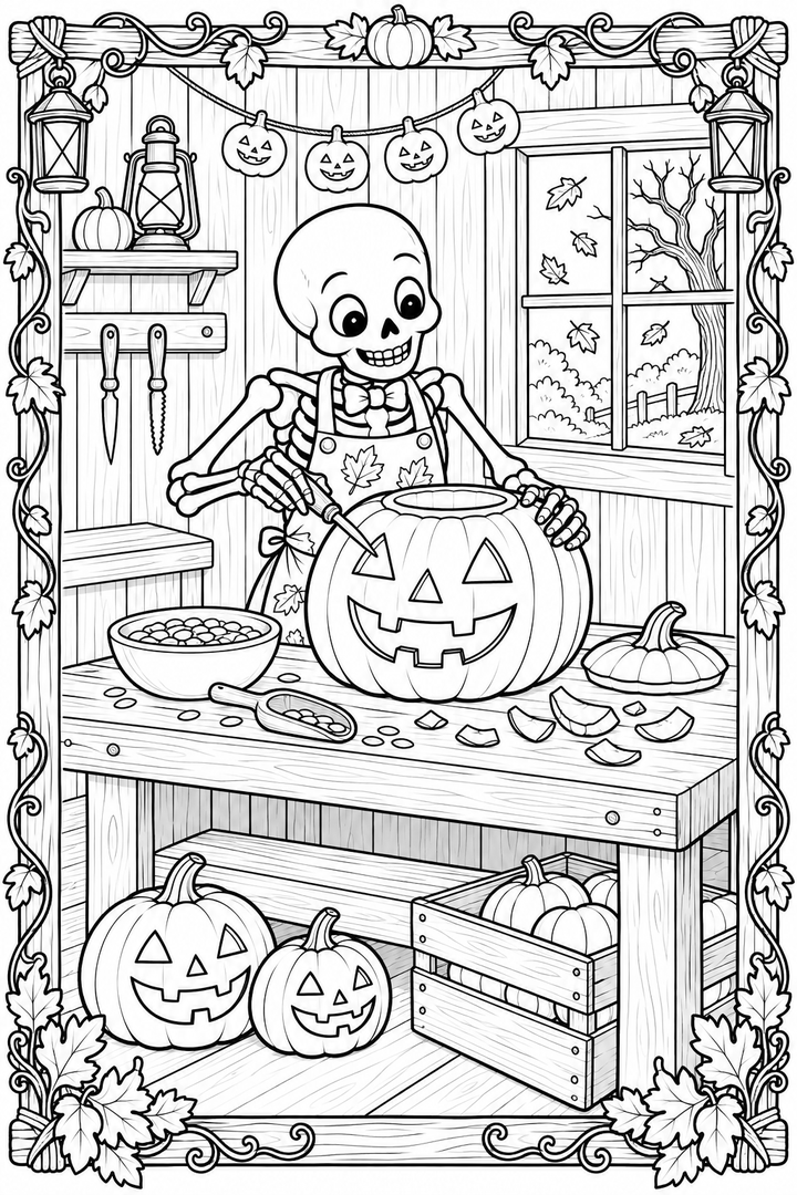 Skeleton's Pumpkin-Carving Workshop coloring page with a cheerful skeleton carving jack-o'-lanterns.