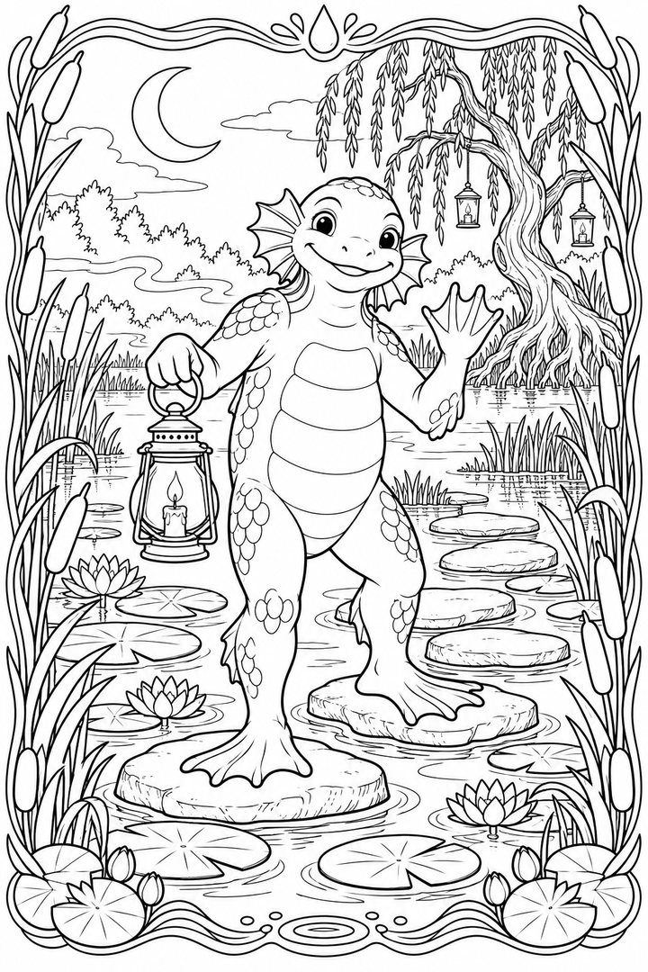 Swamp Creature's Lantern Marsh coloring page with a friendly creature carrying a lantern through the reeds.