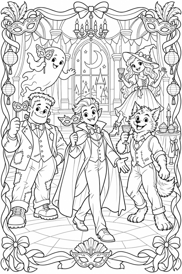The Midnight Monster Masquerade coloring page with friendly monsters celebrating in costumes.