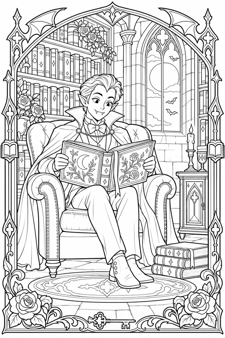 Vampire's Moonlit Library coloring page with a young vampire reading among tall bookshelves.
