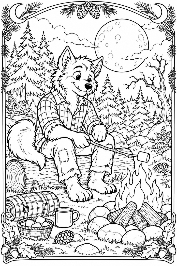 Werewolf's Full-Moon Campfire coloring page with a friendly werewolf beside a glowing fire.