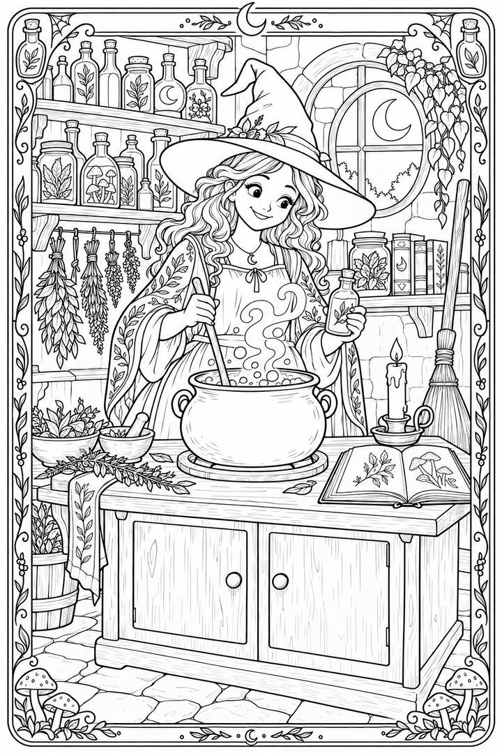 Witch's Potion Pantry coloring page with a friendly witch surrounded by jars and bubbling brews.